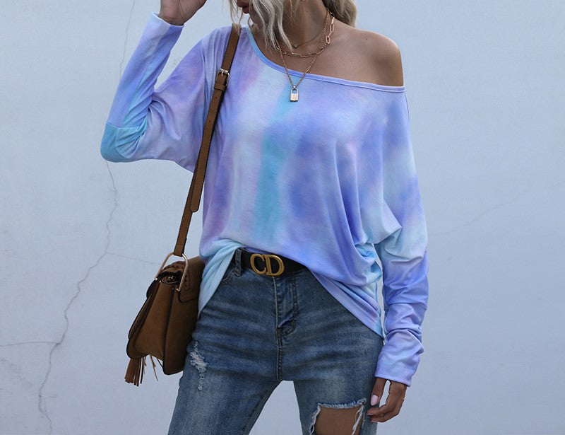 Tie Dye Off Shoulder Dolman Tunic Top - Purple
