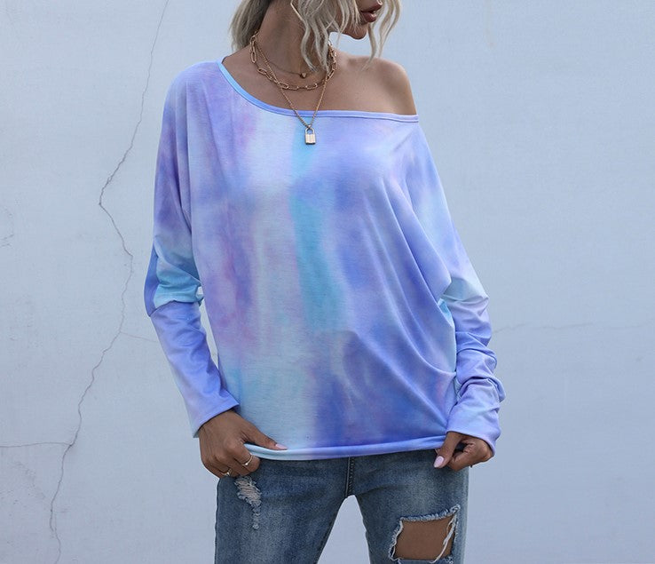 Tie Dye Off Shoulder Dolman Tunic Top - Purple - 3