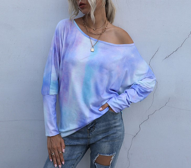 Tie Dye Off Shoulder Dolman Tunic Top - Purple - 4