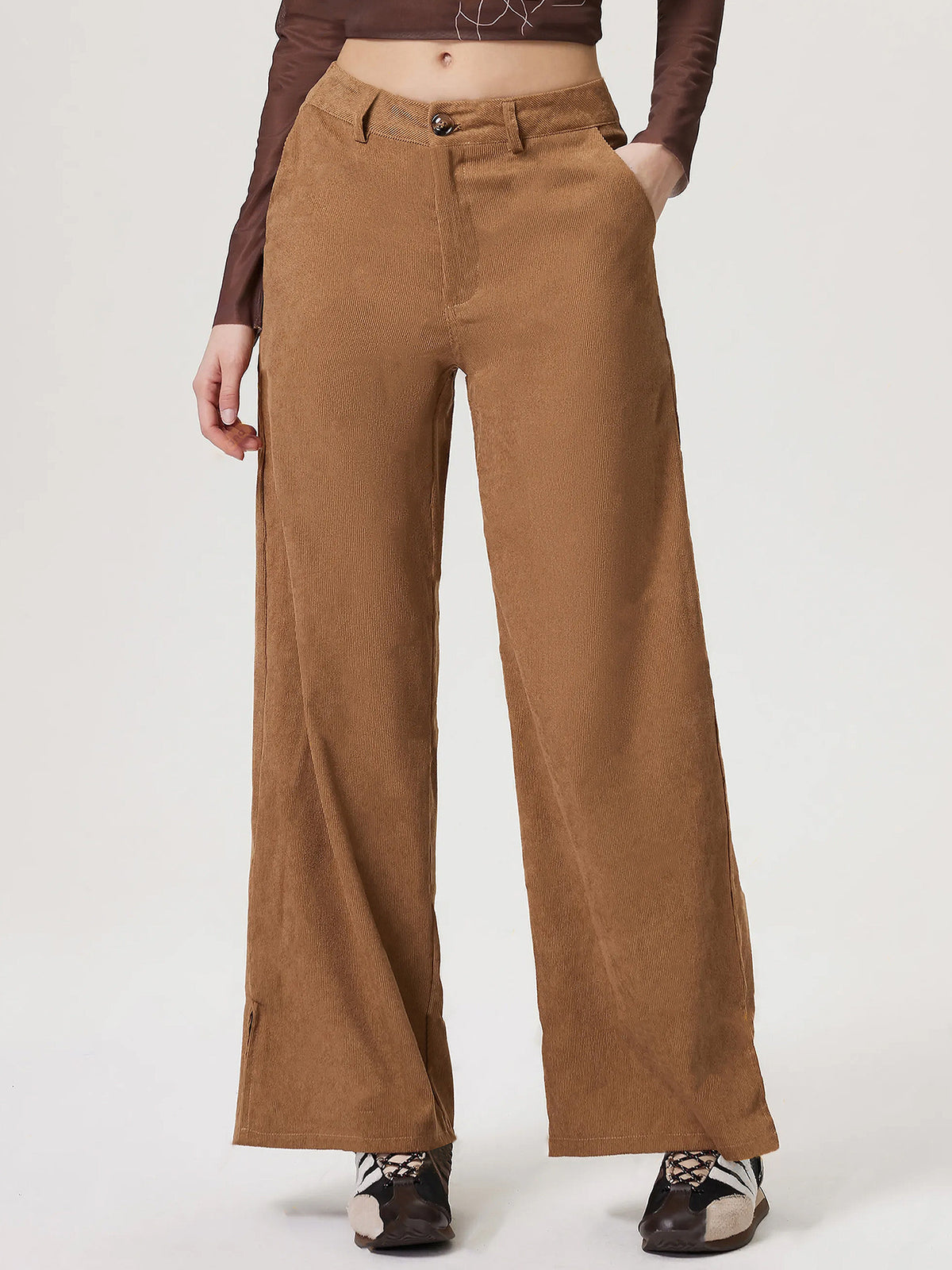 Soft Textured Wide Leg Khaki Trousers - Khaki