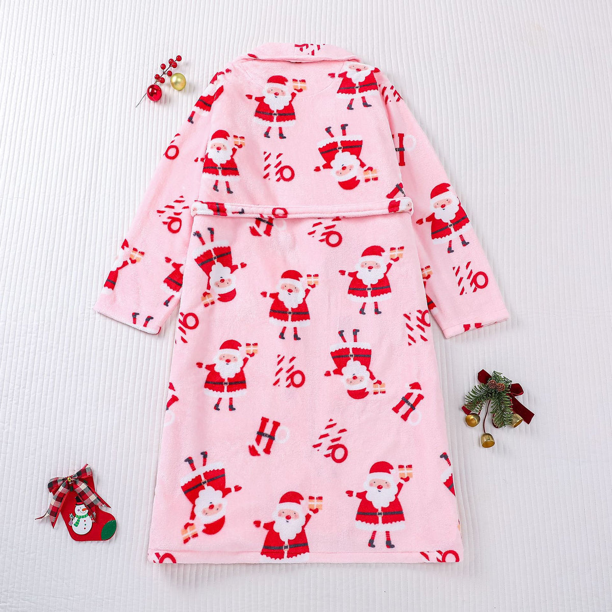 Vintage Santa Print Plush Christmas Robe - Pink - 1