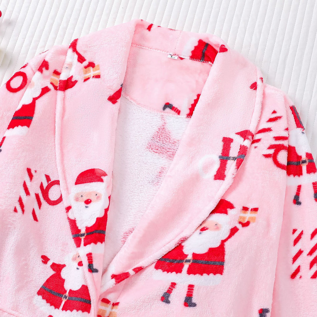 Vintage Santa Print Plush Christmas Robe - Pink - 2