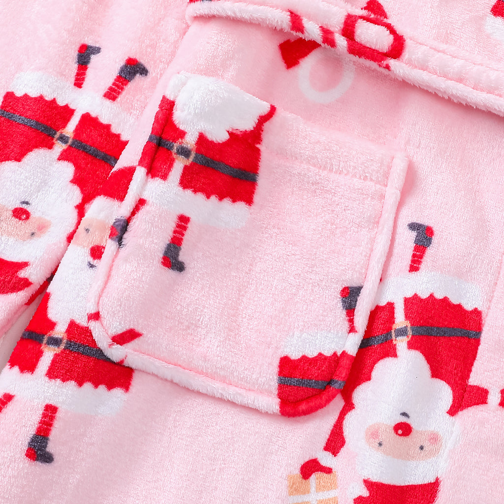 Vintage Santa Print Plush Christmas Robe - Pink - 3