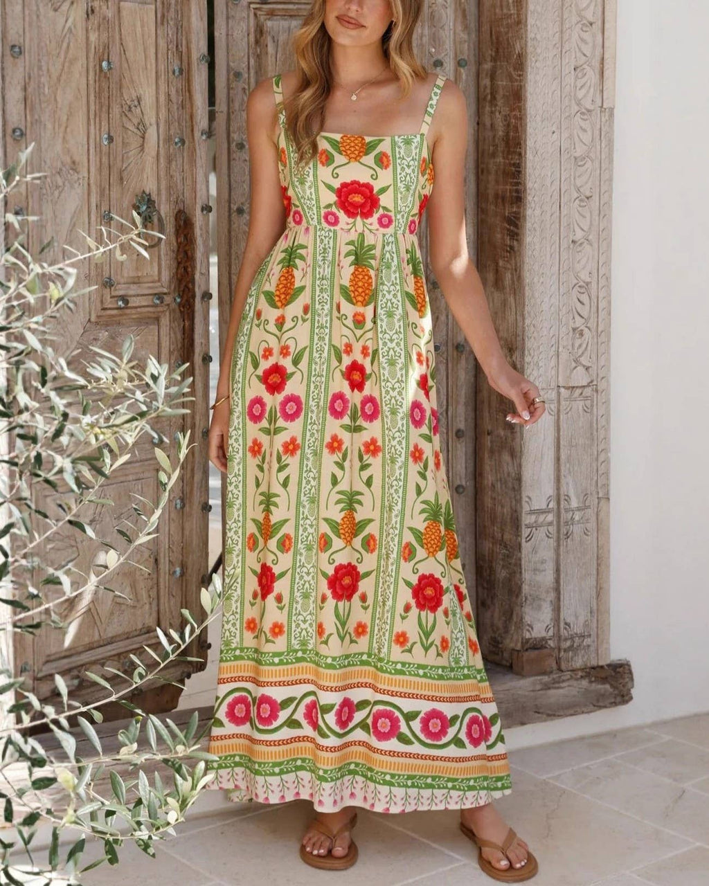 Floral Border Print Strappy Maxi Dress