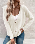 Plush Velvet V Neck Button Cardigan - White