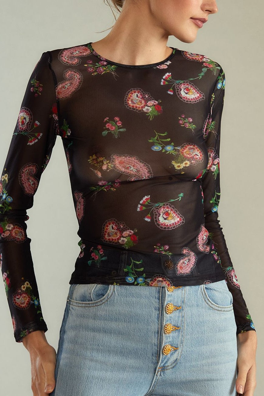 Sheer Mesh Long Sleeve Printed Tee - Floral01