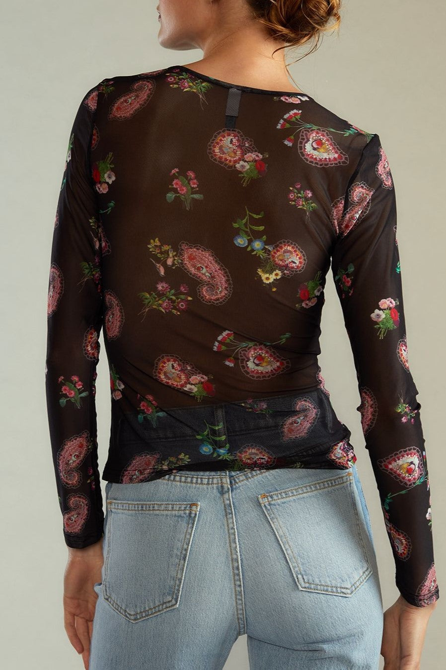 Sheer Mesh Long Sleeve Printed Tee - Floral01 - 1