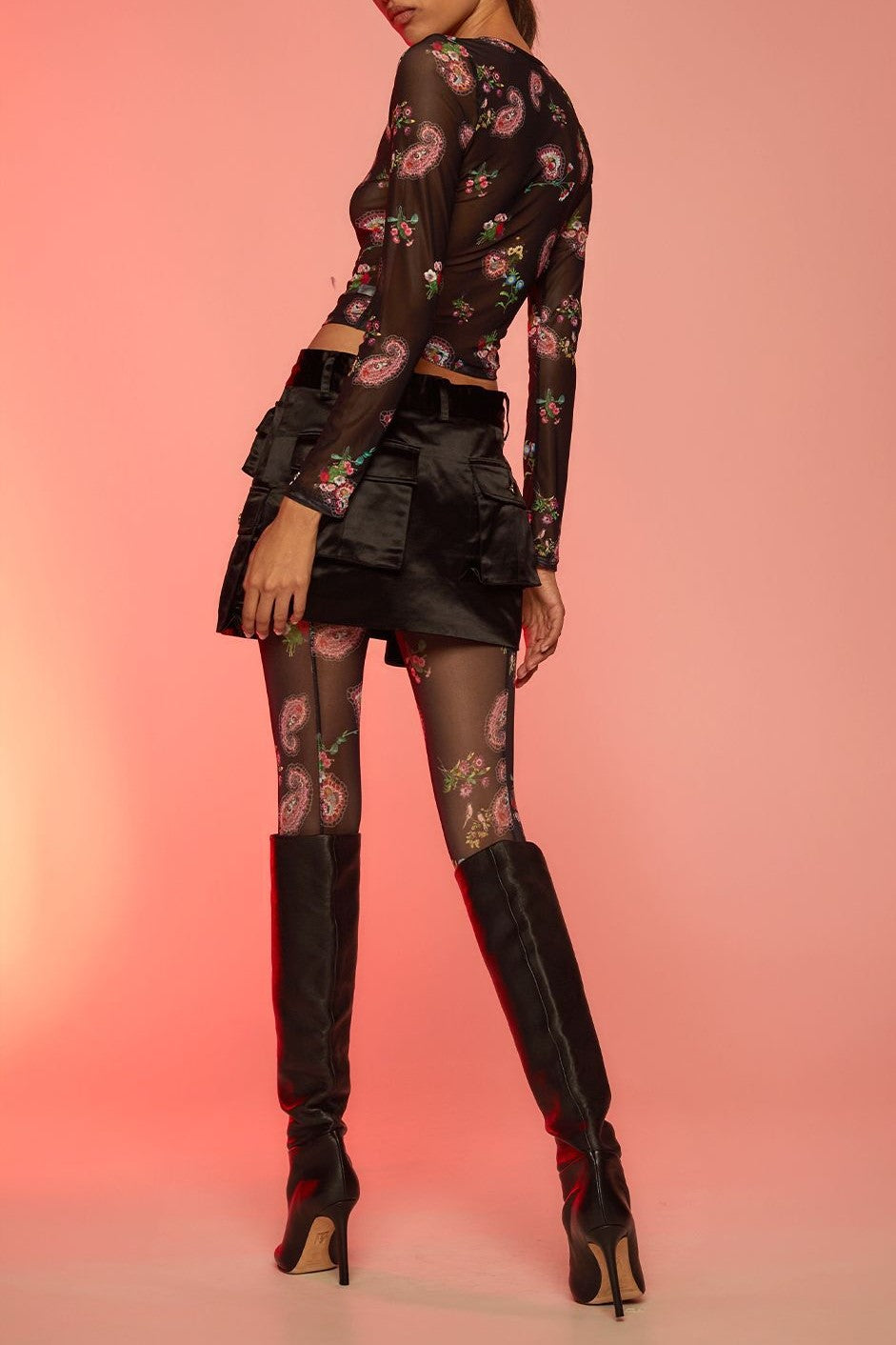 Sheer Mesh Long Sleeve Printed Tee - Floral01 - 4