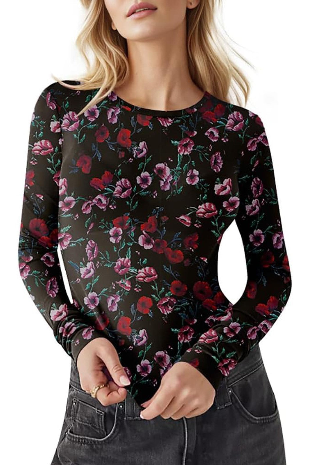 Sheer Mesh Long Sleeve Printed Tee - Floral02