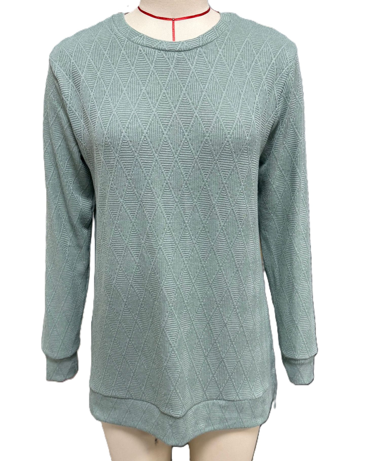 Diamond Textured Crew Neck Longline Top - Green