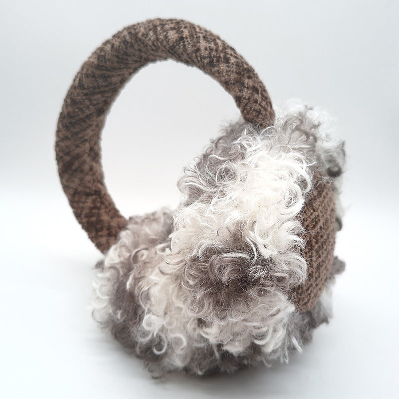 Two Tone Curly Fur Earmuffs Textured Band - Coffee