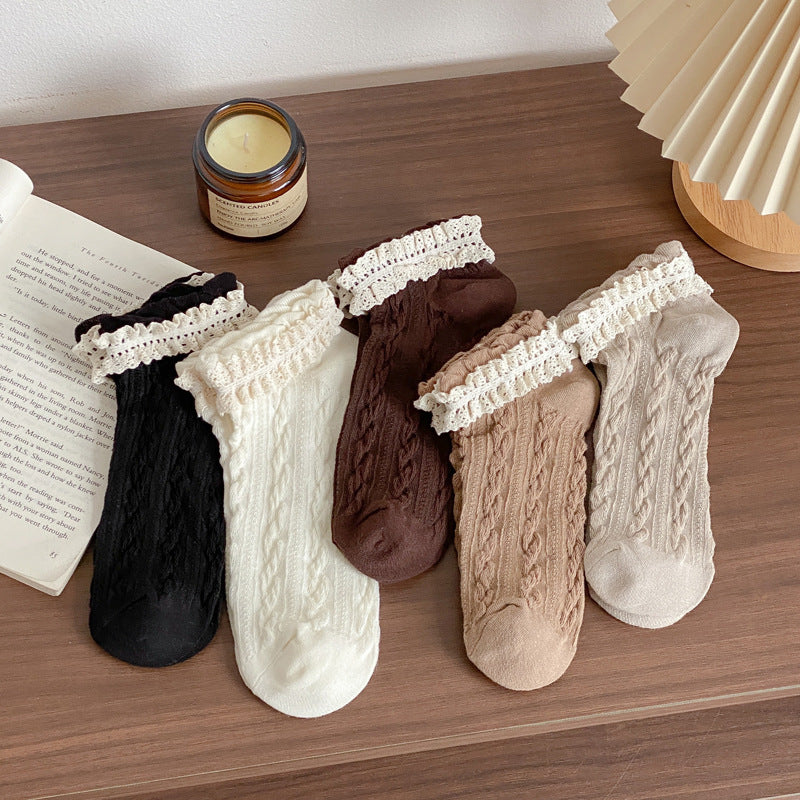 Cable Twist Knit Lace Cuff Socks - Brown