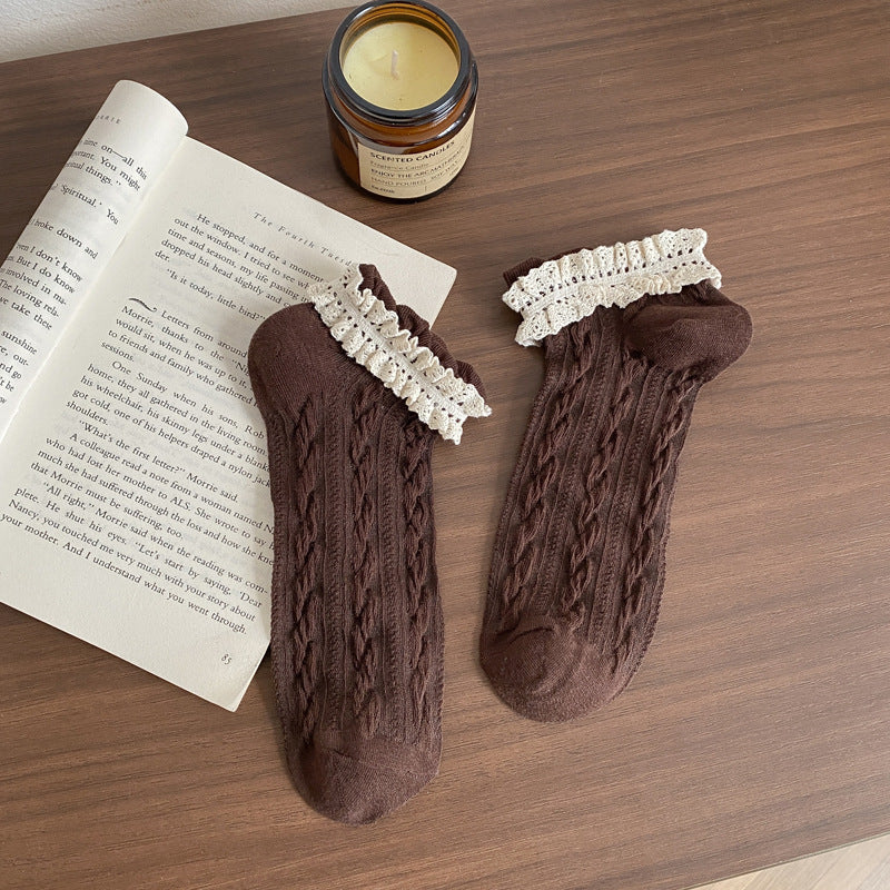Cable Twist Knit Lace Cuff Socks - Brown - 1