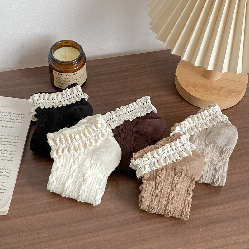 Cable Twist Knit Lace Cuff Socks - Brown - 2