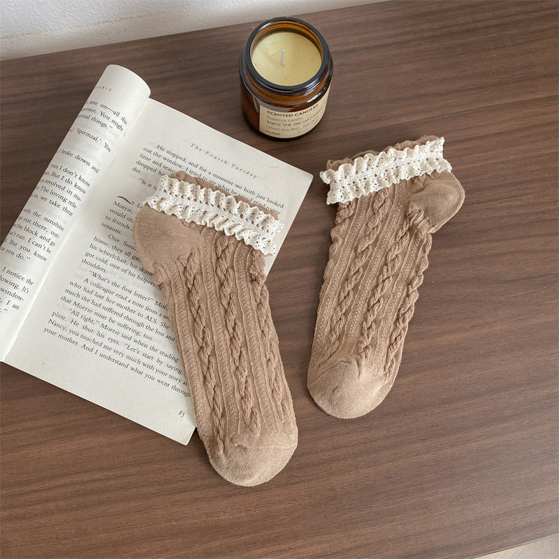 Cable Twist Knit Lace Cuff Socks - Coffee