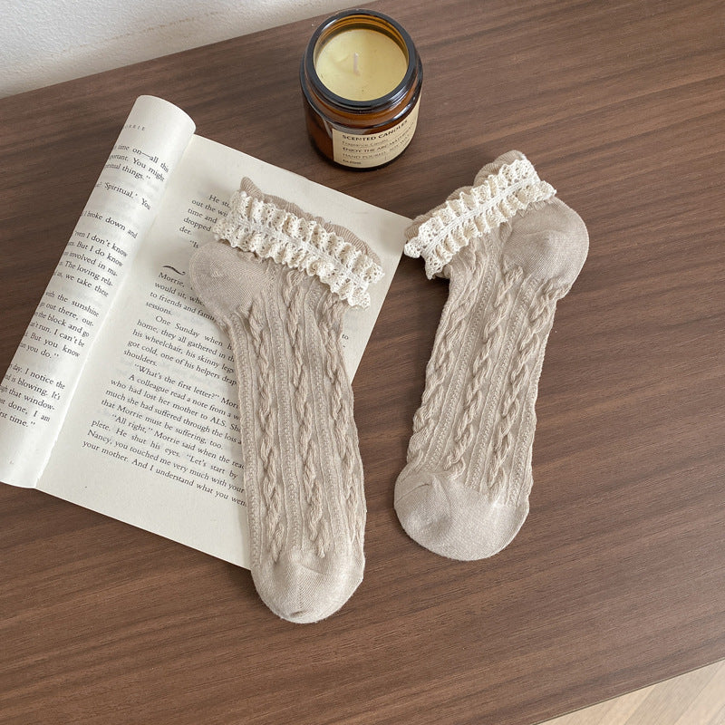 Cable Twist Knit Lace Cuff Socks - Khaki