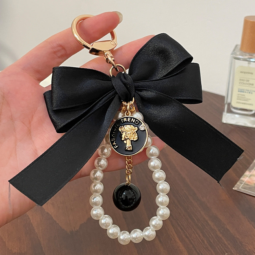 Double Bow Pearl Loop Bag Charm Keychain - Black