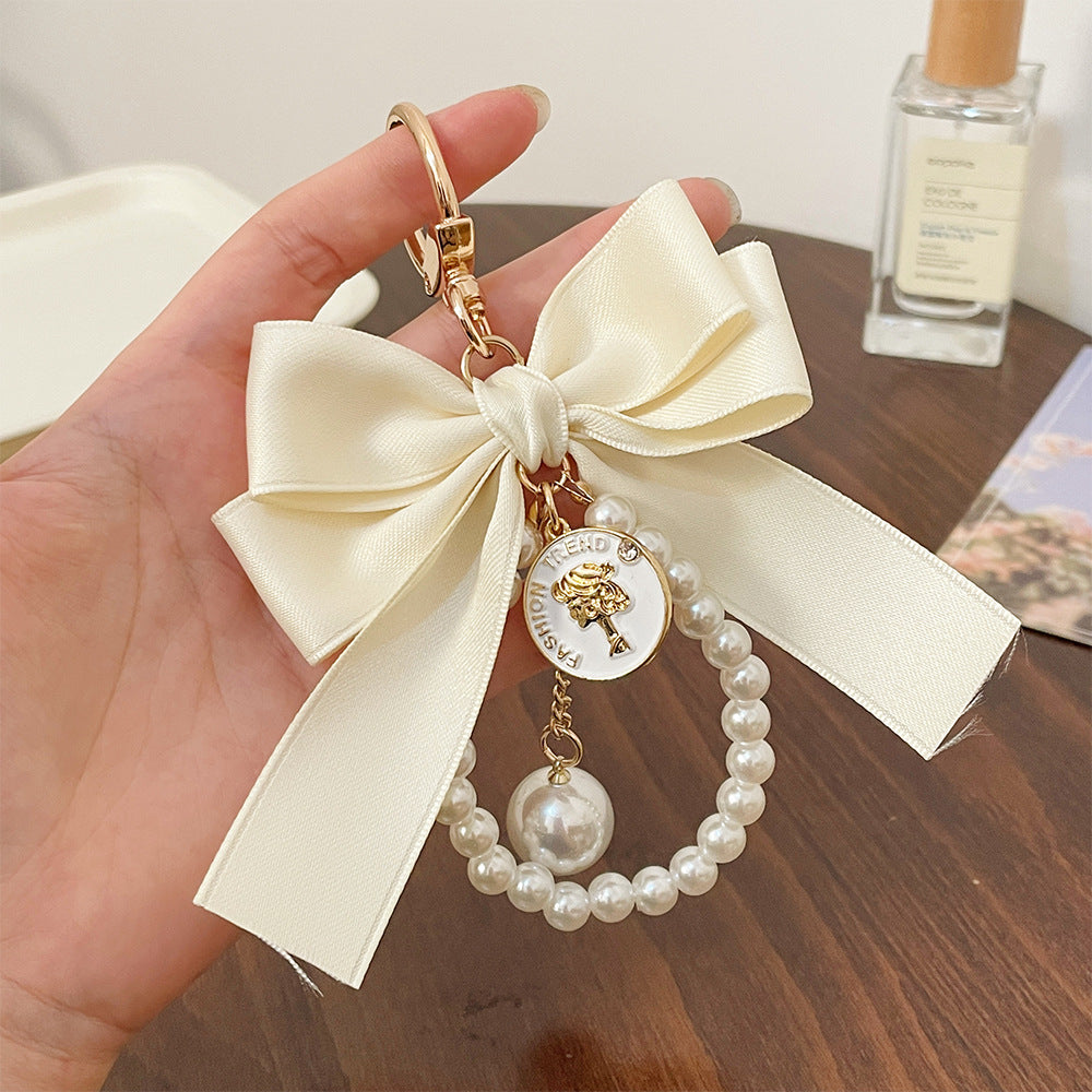 Double Bow Pearl Loop Bag Charm Keychain - White