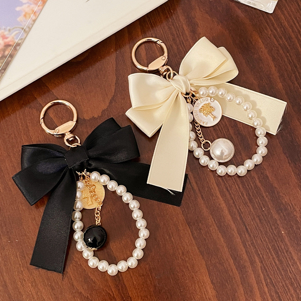 Double Bow Pearl Loop Bag Charm Keychain - White - 1
