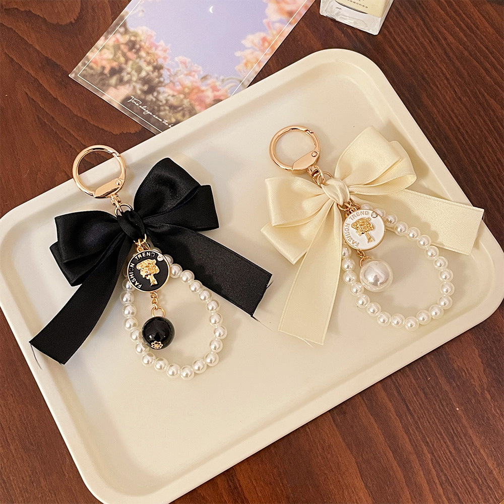 Double Bow Pearl Loop Bag Charm Keychain - White - 2