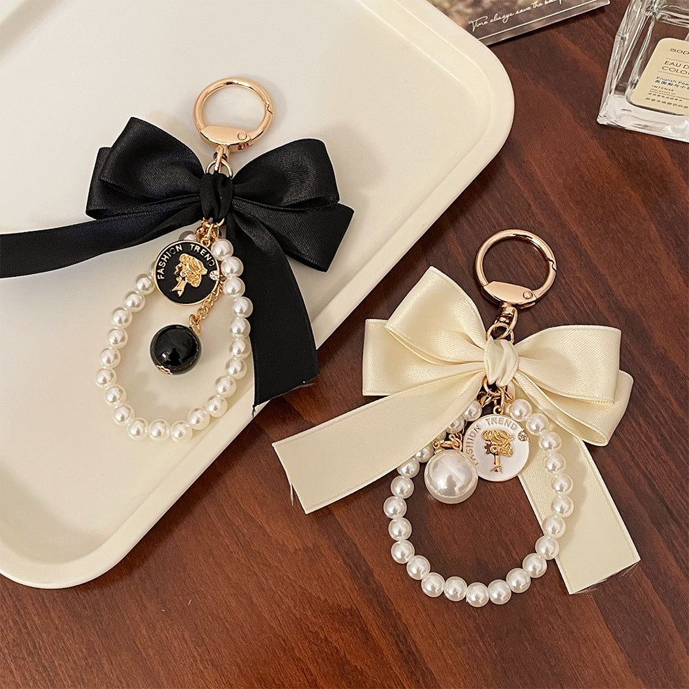 Double Bow Pearl Loop Bag Charm Keychain - White - 3