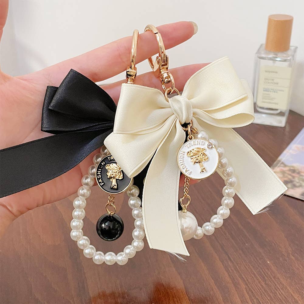 Double Bow Pearl Loop Bag Charm Keychain