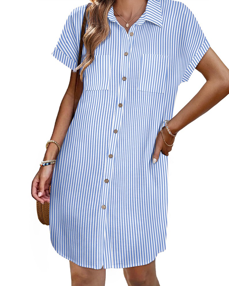 Short Sleeve Button Front Shirt Dress - Color_1