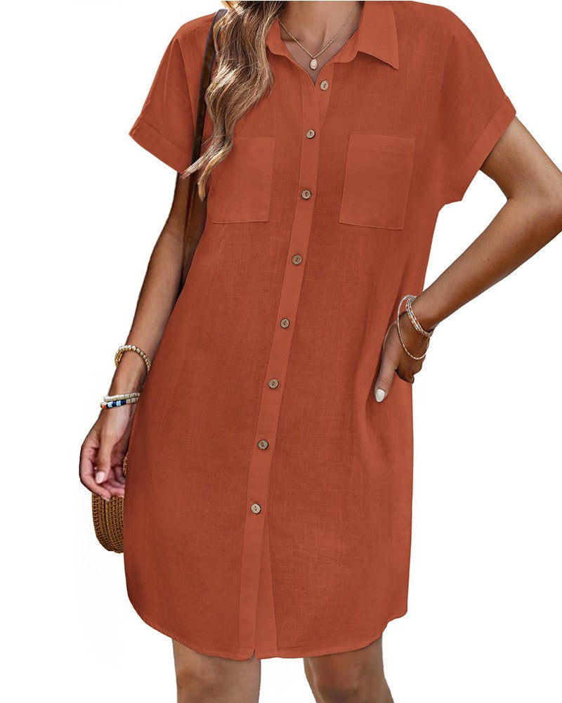 Short Sleeve Button Front Shirt Dress - Color_3