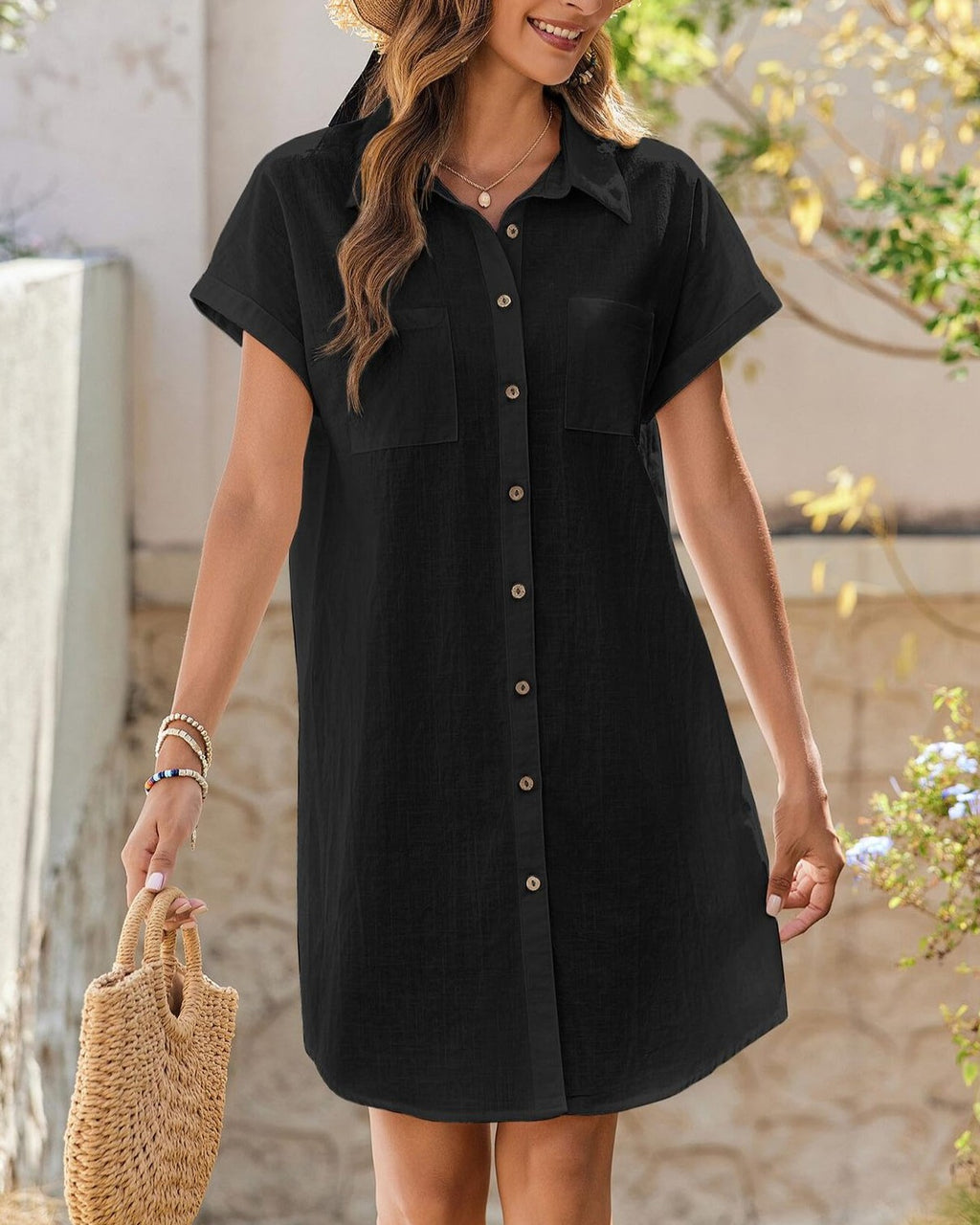 Short Sleeve Button Front Shirt Dress - Color_4