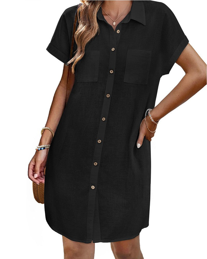 Short Sleeve Button Front Shirt Dress - Color_4 - 1