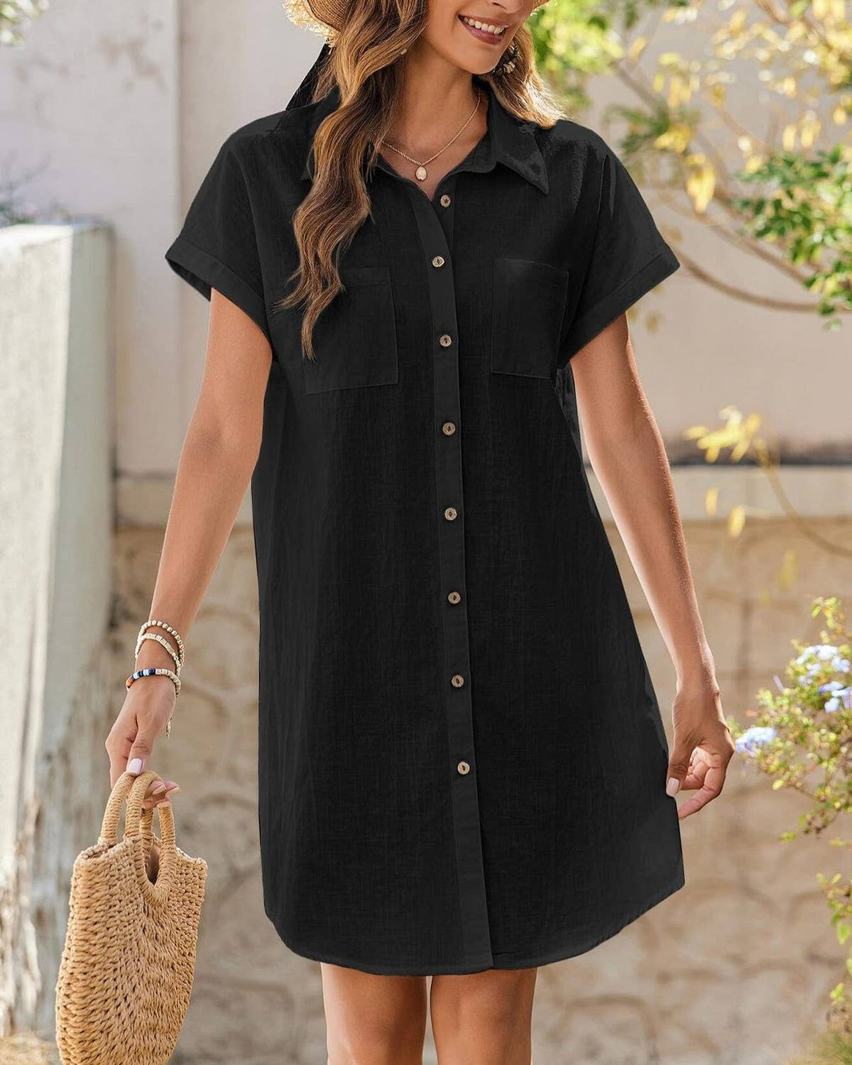 Short Sleeve Button Front Shirt Dress