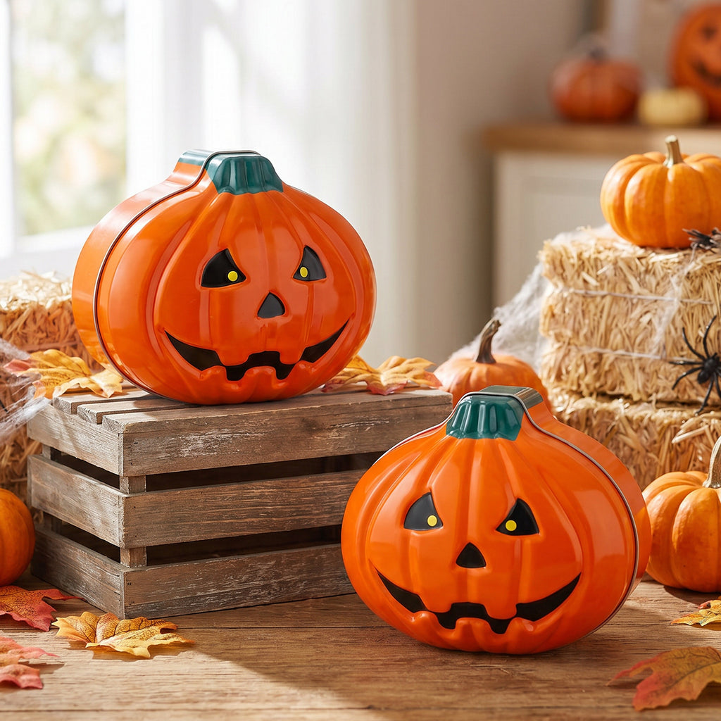 Jack-O'-Lantern Treat Tin With Lid, Halloween Decor
