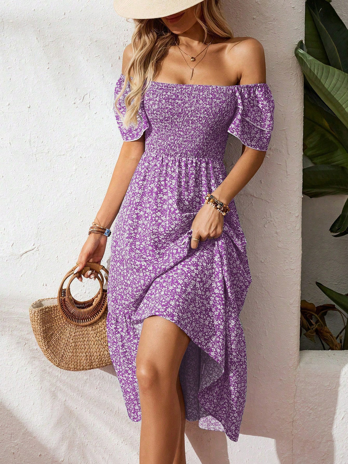 Ditsy Floral Smocked Puff Sleeve Midi Dress - Purple