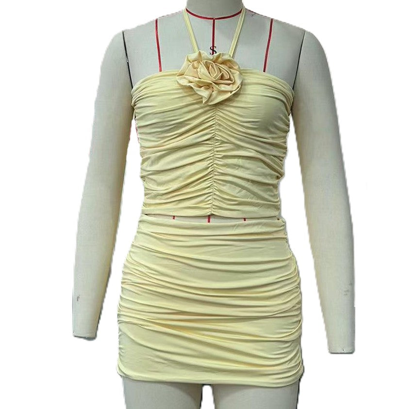 Rosette Halter Bandeau And Ruched Skirt Set - Yellow