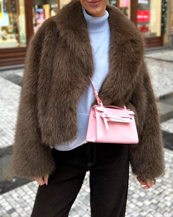 Coffee Shaggy Faux Fur Wide Lapel Boxy Short Coat - Coffee