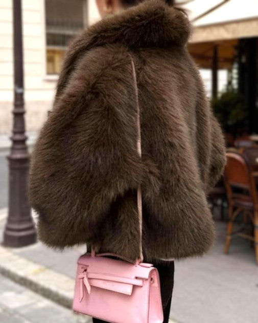 Coffee Shaggy Faux Fur Wide Lapel Boxy Short Coat - Coffee - 1