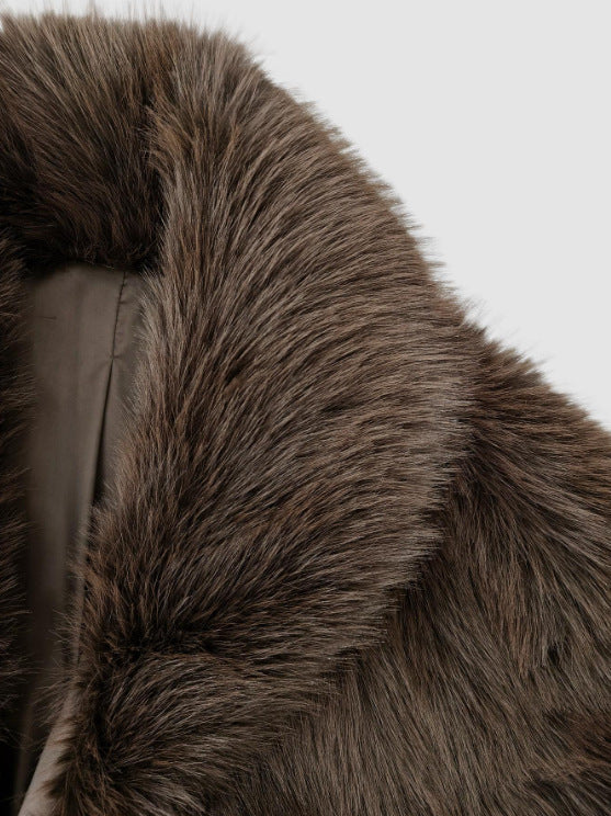Coffee Shaggy Faux Fur Wide Lapel Boxy Short Coat - Coffee - 3