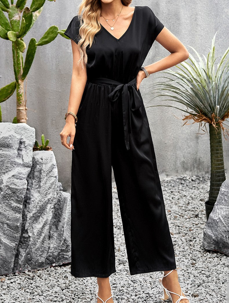 Belted Wide Leg Jumpsuit With Pockets - Black - 2