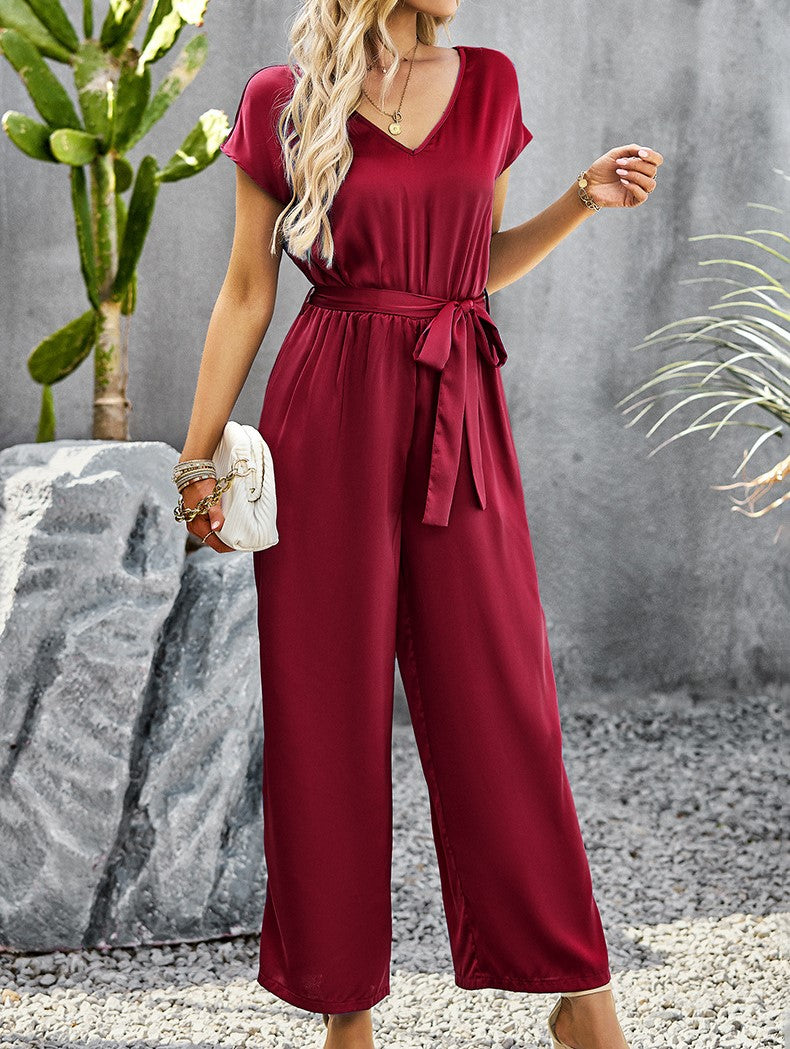Belted Wide Leg Jumpsuit With Pockets - Red