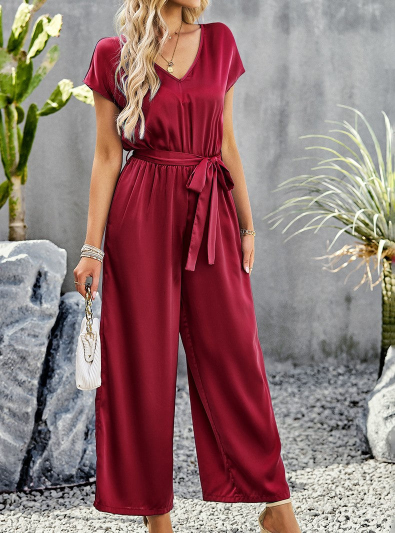 Belted Wide Leg Jumpsuit With Pockets - Red - 1