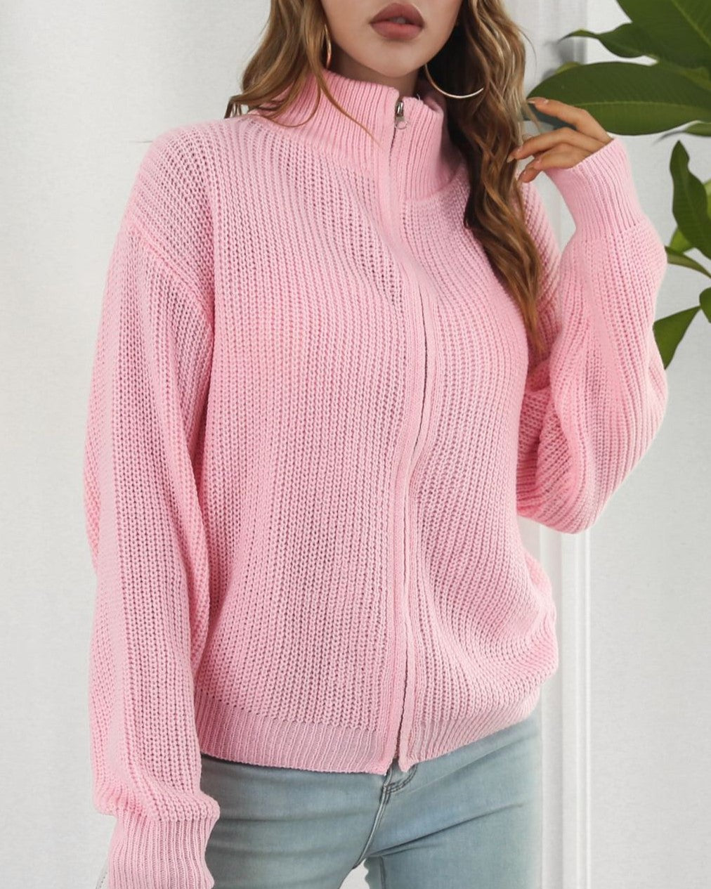 Ribbed Zip Up Funnel Neck Cardigan - Pink - 1