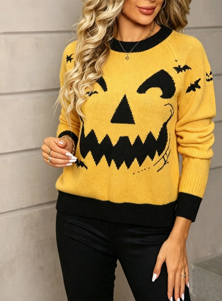 Jack-O-Lantern Face Jacquard Knit Sweater - Yellow