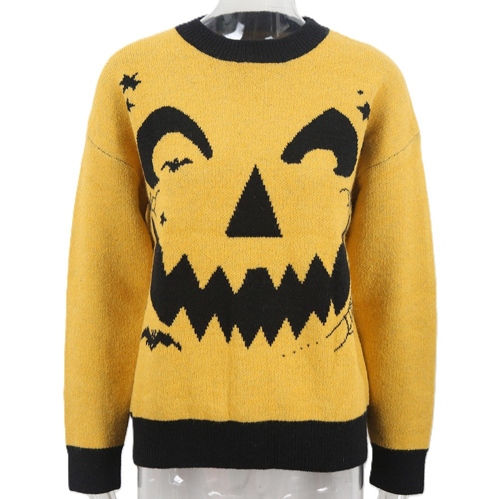 Jack-O-Lantern Face Jacquard Knit Sweater - Yellow - 1