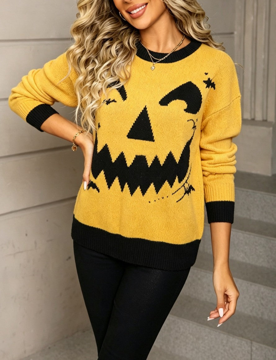 Jack-O-Lantern Face Jacquard Knit Sweater - Yellow - 3
