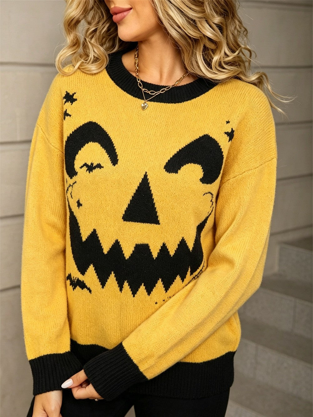 Jack-O-Lantern Face Jacquard Knit Sweater - Yellow - 4
