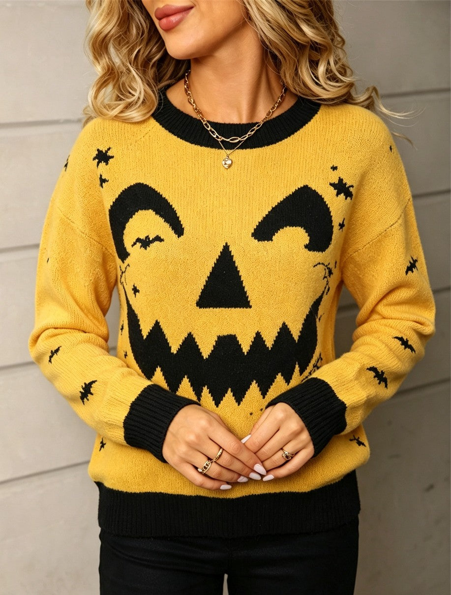 Jack-O-Lantern Face Jacquard Knit Sweater - Yellow - 5