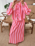 Candy Stripe Balloon Sleeve Top and Skirt Set - Pink