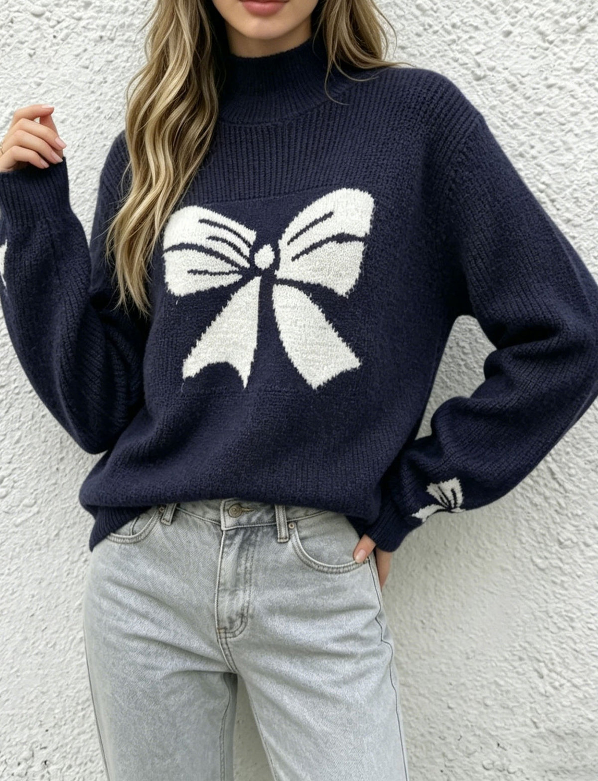 Bow Jacquard Mock Neck Knit Sweater - DarkBlue