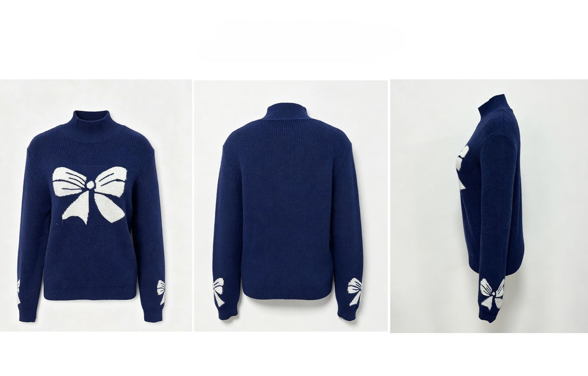 Bow Jacquard Mock Neck Knit Sweater - DarkBlue - 1