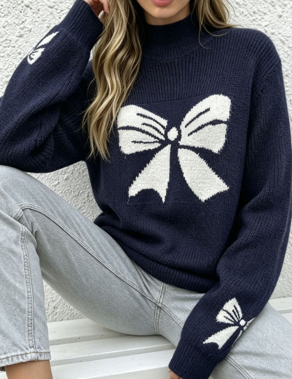 Bow Jacquard Mock Neck Knit Sweater - DarkBlue - 2